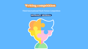 Poster for the international and multilingual 'Flash Fiction' writing competition 2025-26 on the theme 'Identities'. The image illustrates a stylized human profile composed of colorful puzzle pieces on a blue background