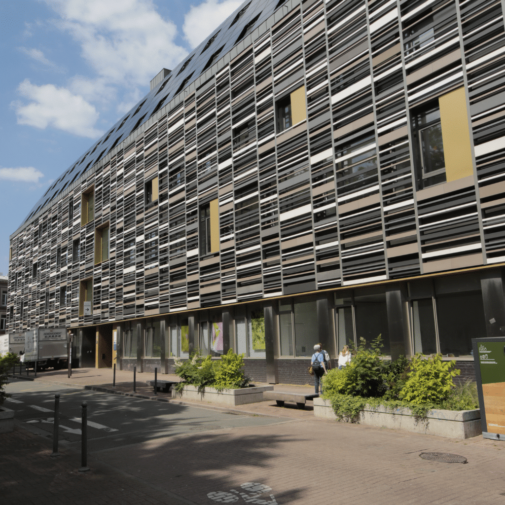 Architecture contemporaine d'un bâtiment universitaire à Lille, avec une façade design et un aménagement urbain végétalisé.